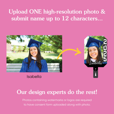 Big Dot of Happiness Custom Black Grad, Class of 2025 Face Fans with Handles, Personalized Grad Big Head on Stick, Graduation Face Cutouts, Party Photo Booth Props, Black 1pc