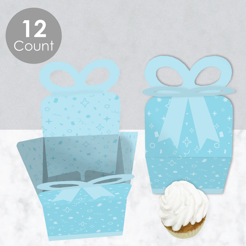 Blue Confetti Stars - Square Favor Gift Boxes - Simple Party Bow Boxes - Set of 12