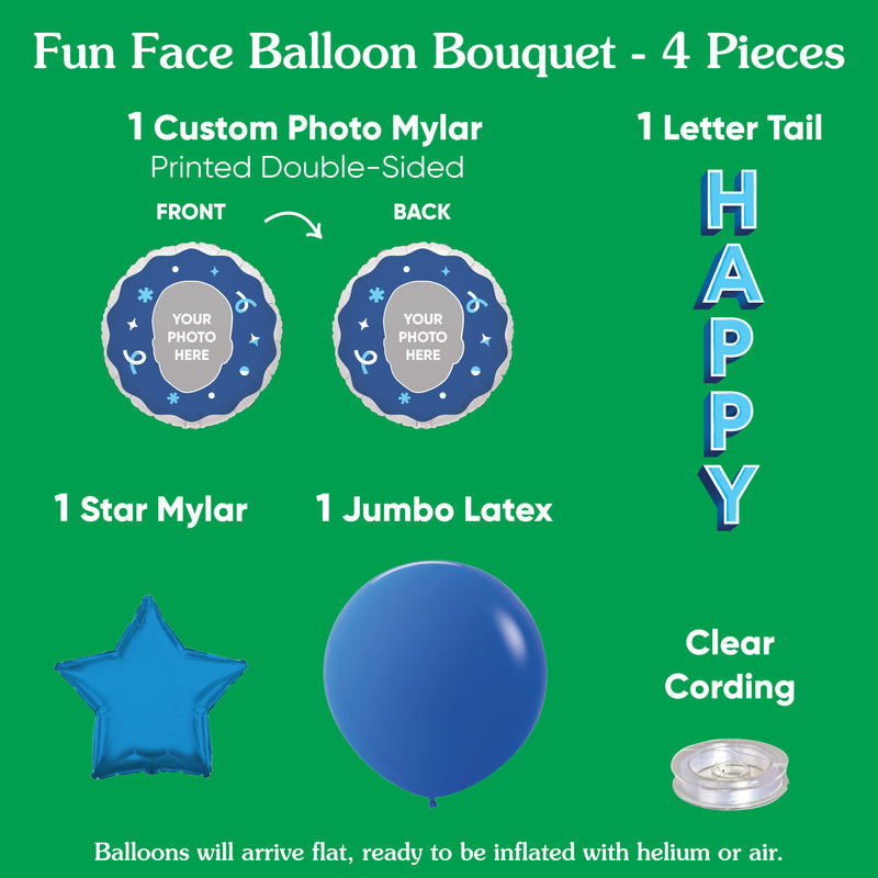 Big Dot of Happiness Fun Face Photo Blue - Happy Balloon Bouquet, Personalized Birthday Bundle, Bridal Shower Decor, Boy Baby Showers, Custom Double-Sided Mylar, Latex & Foil Balloon Kit, 4 Pieces