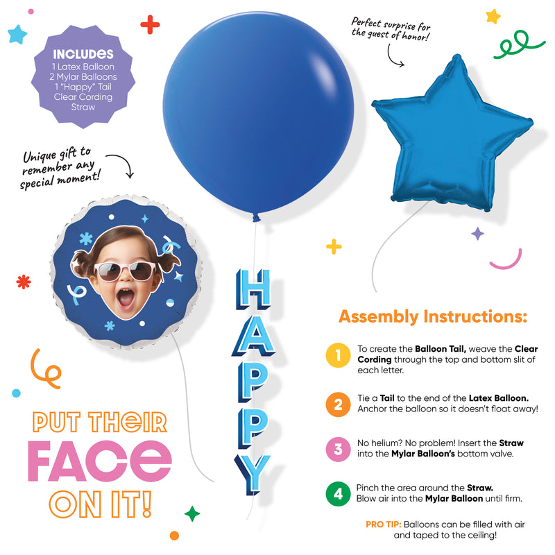 Big Dot of Happiness Fun Face Photo Blue - Happy Balloon Bouquet, Personalized Birthday Bundle, Bridal Shower Decor, Boy Baby Showers, Custom Double-Sided Mylar, Latex & Foil Balloon Kit, 4 Pieces