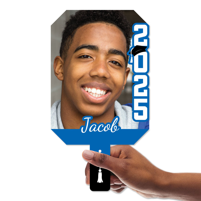 Big Dot of Happiness Custom Blue Grad Photo Paddles, Class of 2025 Face Fans with Handles, Personalized Grad Big Head on Stick, Graduation Face Cutouts, Party Photo Booth Props, Blue 1pc