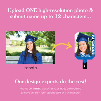 Big Dot of Happiness Custom Blue Grad Photo Paddles, Class of 2025 Face Fans with Handles, Personalized Grad Big Head on Stick, Graduation Face Cutouts, Party Photo Booth Props, Blue 1pc