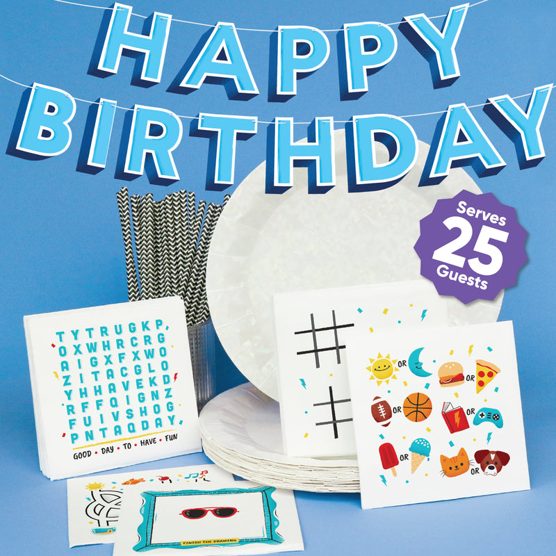 Big Dot of Happiness Blue Happy Birthday Tableware Set, 75 pieces, Boy Birthday Beverage Game Napkins, Iridescent Party Plates, Happy Birthday Banner, 25 Guests Party Bundle