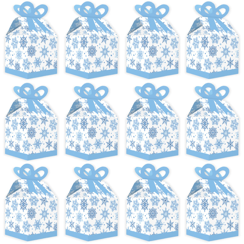 Blue Snowflakes - Square Favor Gift Boxes - Winter Holiday Party Bow Boxes - Set of 12