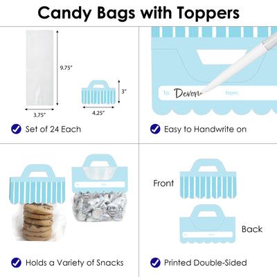 Blue Stripes - DIY Simple Party Clear Goodie Favor Bag Labels - Candy Bags with Toppers - Set of 24