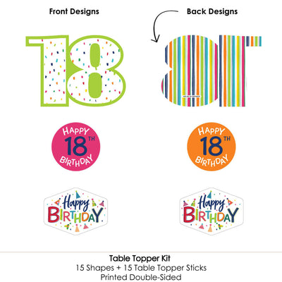 18th Birthday - Cheerful Happy Birthday - Colorful Eighteenth Birthday Party Centerpiece Sticks - Table Toppers - Set of 15