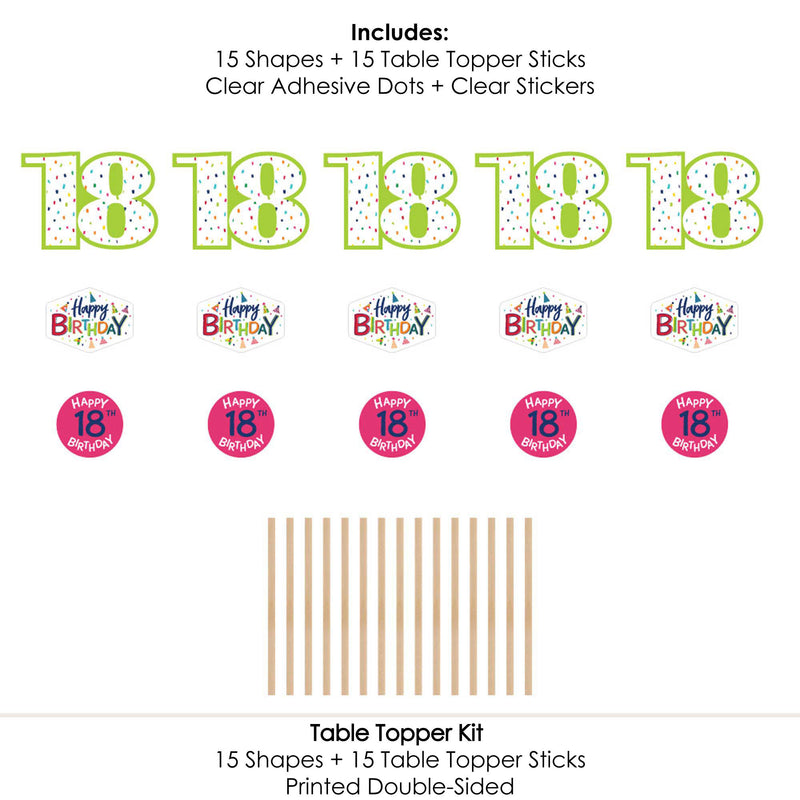 18th Birthday - Cheerful Happy Birthday - Colorful Eighteenth Birthday Party Centerpiece Sticks - Table Toppers - Set of 15