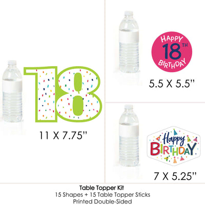 18th Birthday - Cheerful Happy Birthday - Colorful Eighteenth Birthday Party Centerpiece Sticks - Table Toppers - Set of 15