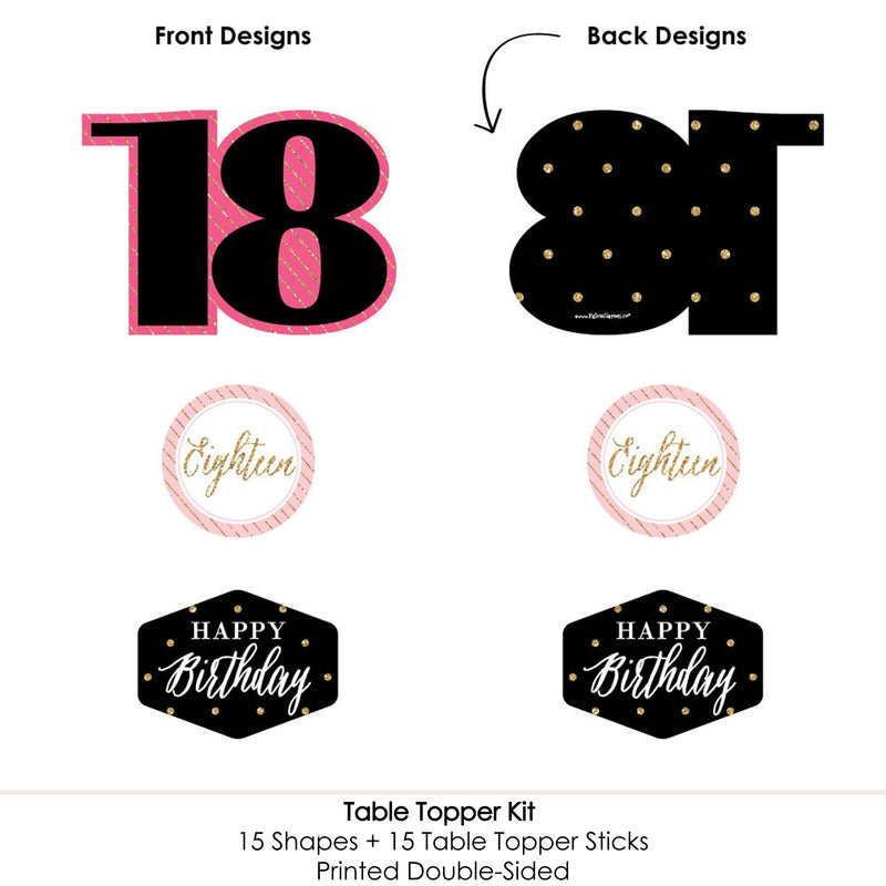 Chic 18th Birthday - Pink, Black and Gold - Birthday Party Centerpiece Sticks - Table Toppers - Set of 15