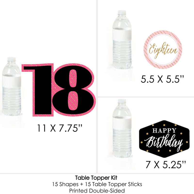 Chic 18th Birthday - Pink, Black and Gold - Birthday Party Centerpiece Sticks - Table Toppers - Set of 15