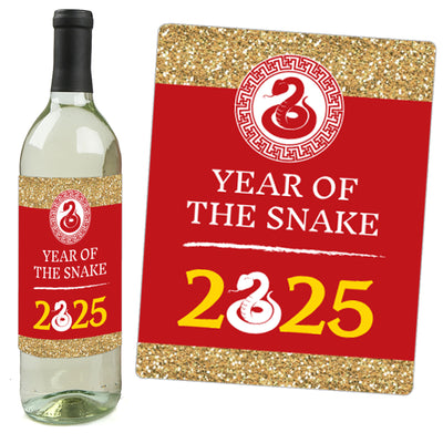 Chinese New Year - 2025 Year of the Snake Decorations for Women and Men - Wine Bottle Label Stickers - Set of 4