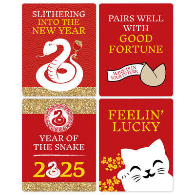 Chinese New Year - 2025 Year of the Snake Decorations for Women and Men - Wine Bottle Label Stickers - Set of 4