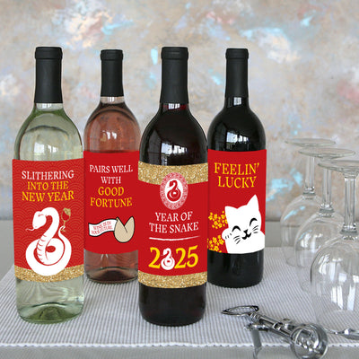 Chinese New Year - 2025 Year of the Snake Decorations for Women and Men - Wine Bottle Label Stickers - Set of 4