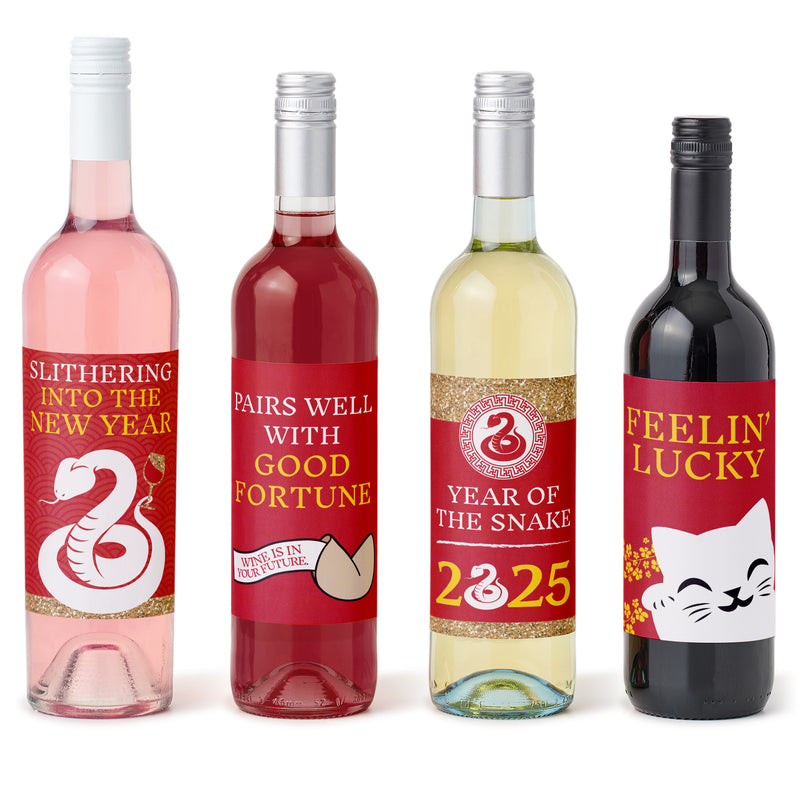 Chinese New Year - 2025 Year of the Snake Decorations for Women and Men - Wine Bottle Label Stickers - Set of 4