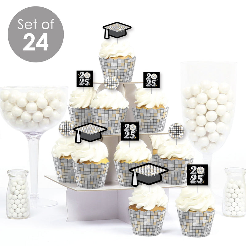 Disco Grad - Cupcake Decoration - 2025 Groovy Graduation Party Cupcake Wrappers and Treat Picks Kit - Set of 24