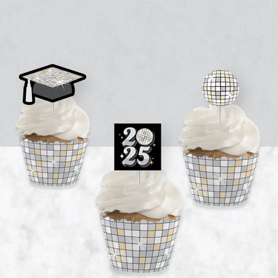 Disco Grad - Cupcake Decoration - 2025 Groovy Graduation Party Cupcake Wrappers and Treat Picks Kit - Set of 24