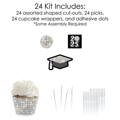 Disco Grad - Cupcake Decoration - 2025 Groovy Graduation Party Cupcake Wrappers and Treat Picks Kit - Set of 24