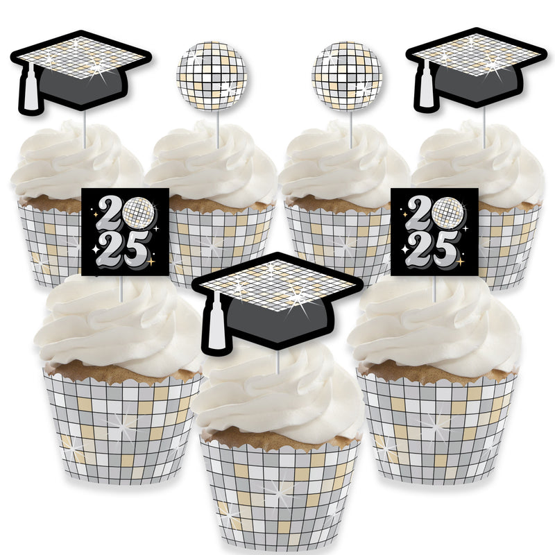 Disco Grad - Cupcake Decoration - 2025 Groovy Graduation Party Cupcake Wrappers and Treat Picks Kit - Set of 24