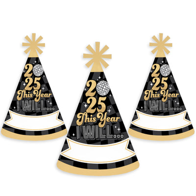 Disco New Year - Cone Party Hats - Groovy 2025 NYE Resolution Cone Party Hat for Kids and Adults - Set of 8 (Standard Size)