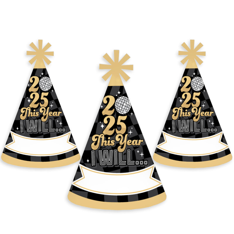 Disco New Year - Cone Party Hats - Groovy 2025 NYE Resolution Cone Party Hat for Kids and Adults - Set of 8 (Standard Size)