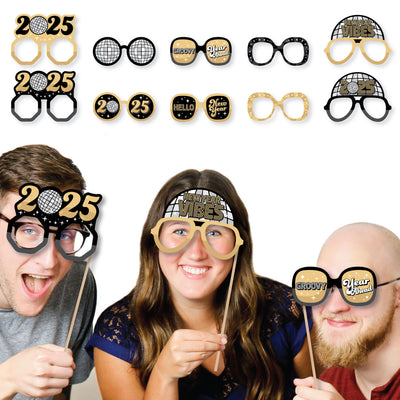 Disco New Year Glasses - Paper Card Stock Groovy 2025 NYE Party Photo Booth Props Kit - 10 Count