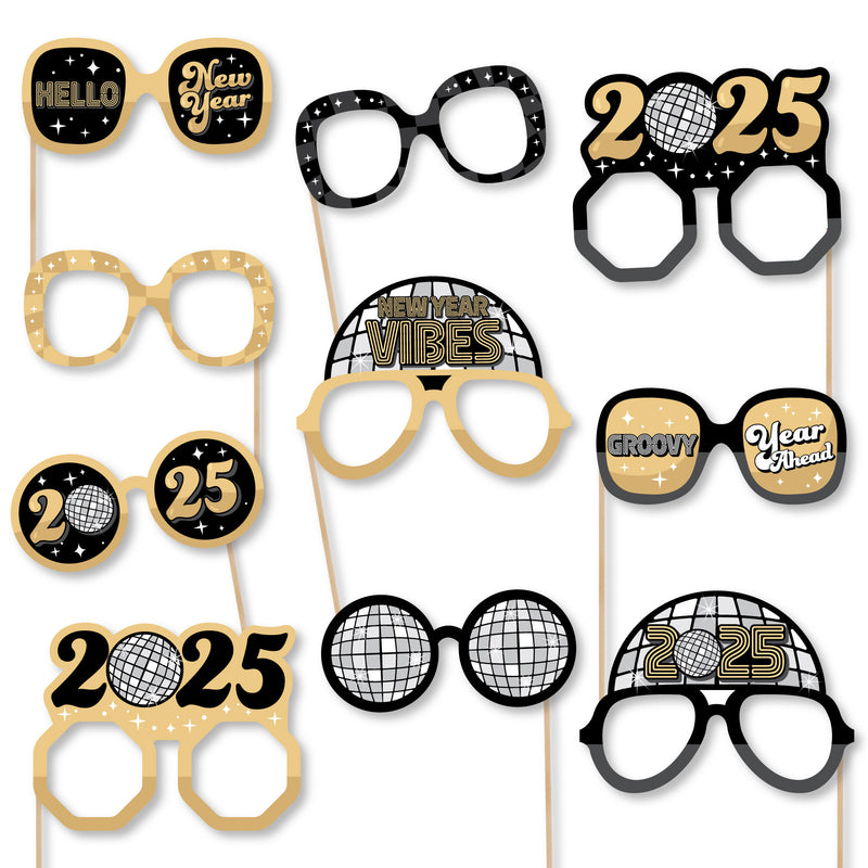 Disco New Year Glasses - Paper Card Stock Groovy 2025 NYE Party Photo Booth Props Kit - 10 Count