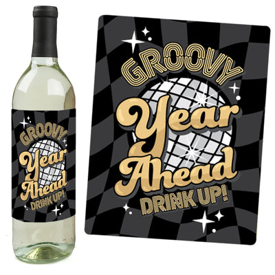 Disco New Year - Groovy 2025 NYE Party Decorations for Women and Men - Wine Bottle Label Stickers - Set of 4