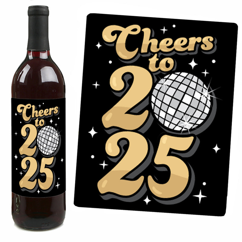 Disco New Year - Groovy 2025 NYE Party Decorations for Women and Men - Wine Bottle Label Stickers - Set of 4