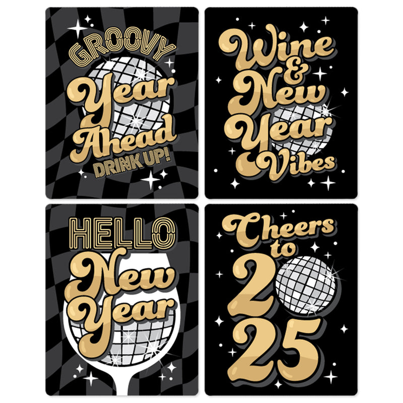 Disco New Year - Groovy 2025 NYE Party Decorations for Women and Men - Wine Bottle Label Stickers - Set of 4