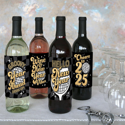 Disco New Year - Groovy 2025 NYE Party Decorations for Women and Men - Wine Bottle Label Stickers - Set of 4