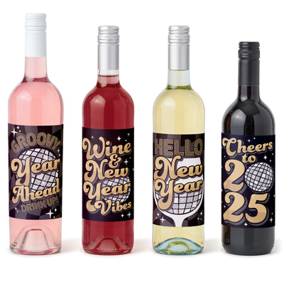 Disco New Year - Groovy 2025 NYE Party Decorations for Women and Men - Wine Bottle Label Stickers - Set of 4