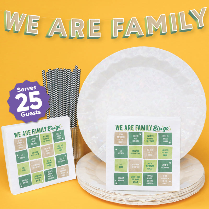 Big Dot of Happiness We Are Family Tableware Set, 75 pieces, Family Reunion Bingo Beverage Game Napkins, Iridescent Party Plates, We Are Family Banner, 25 Guests Party Bundle