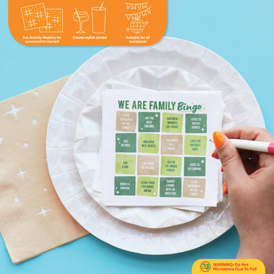 Big Dot of Happiness We Are Family Tableware Set, 75 pieces, Family Reunion Bingo Beverage Game Napkins, Iridescent Party Plates, We Are Family Banner, 25 Guests Party Bundle