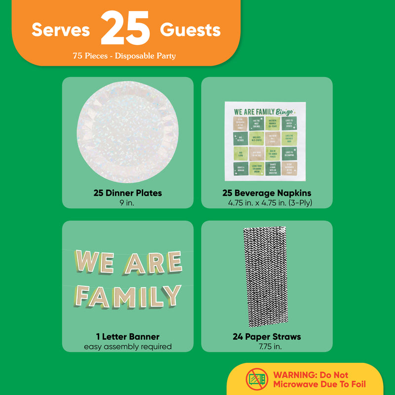 Big Dot of Happiness We Are Family Tableware Set, 75 pieces, Family Reunion Bingo Beverage Game Napkins, Iridescent Party Plates, We Are Family Banner, 25 Guests Party Bundle