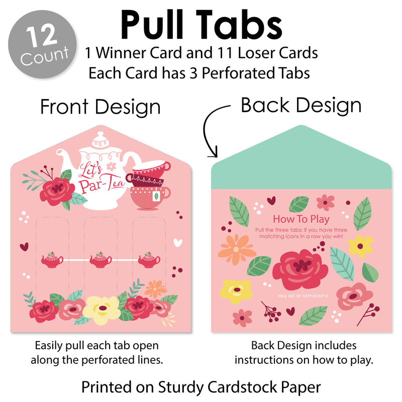 Floral Let’s Par-Tea - Garden Tea Party Game Pickle Cards - Pull Tabs 3-in-a-Row - Set of 12