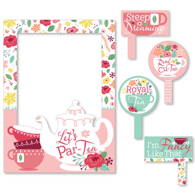 Floral Let's Par-Tea - Garden Tea Party Selfie Photo Booth Picture Frame and Props - Printed on Sturdy Material