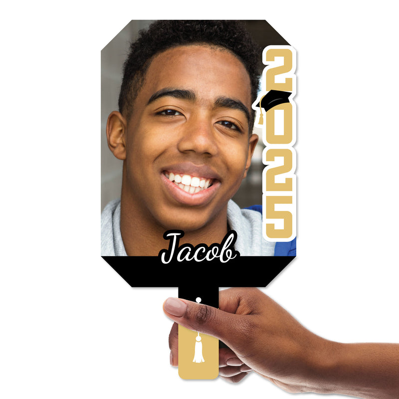 Big Dot of Happiness Custom Black & Gold Grad Photo Paddles, Class of 2025 Face Fans with Handles, Personalized Grad Big Head on Stick, Graduation Face Cutouts, Party Photo Booth Props, Black & Gold 3pc