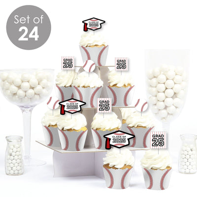 Grad Baseball - Cupcake Decoration - 2025 Graduation Party Cupcake Wrappers and Treat Picks Kit - Set of 24