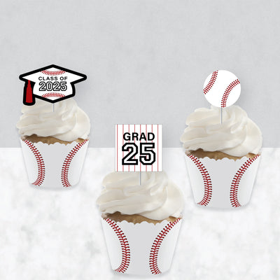 Grad Baseball - Cupcake Decoration - 2025 Graduation Party Cupcake Wrappers and Treat Picks Kit - Set of 24