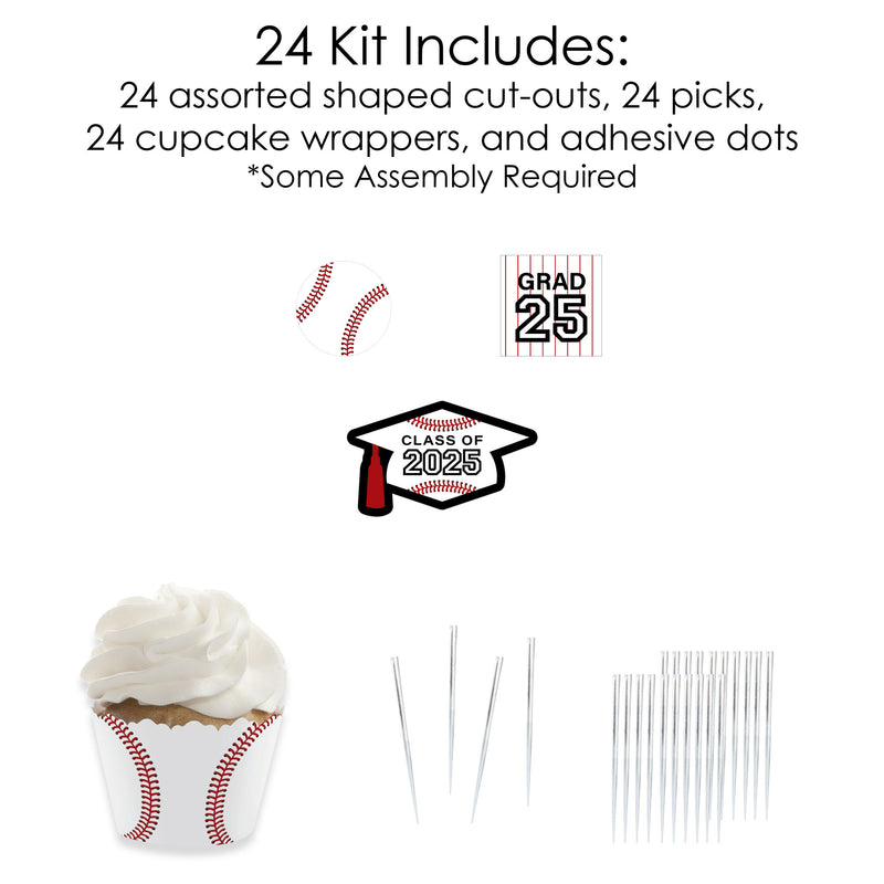 Grad Baseball - Cupcake Decoration - 2025 Graduation Party Cupcake Wrappers and Treat Picks Kit - Set of 24