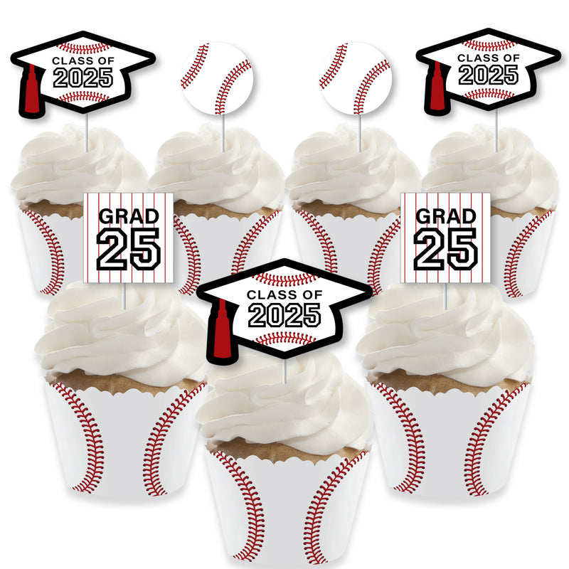 Grad Baseball - Cupcake Decoration - 2025 Graduation Party Cupcake Wrappers and Treat Picks Kit - Set of 24