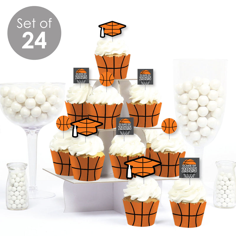 Grad Basketball - Cupcake Decoration - 2025 Graduation Party Cupcake Wrappers and Treat Picks Kit - Set of 24