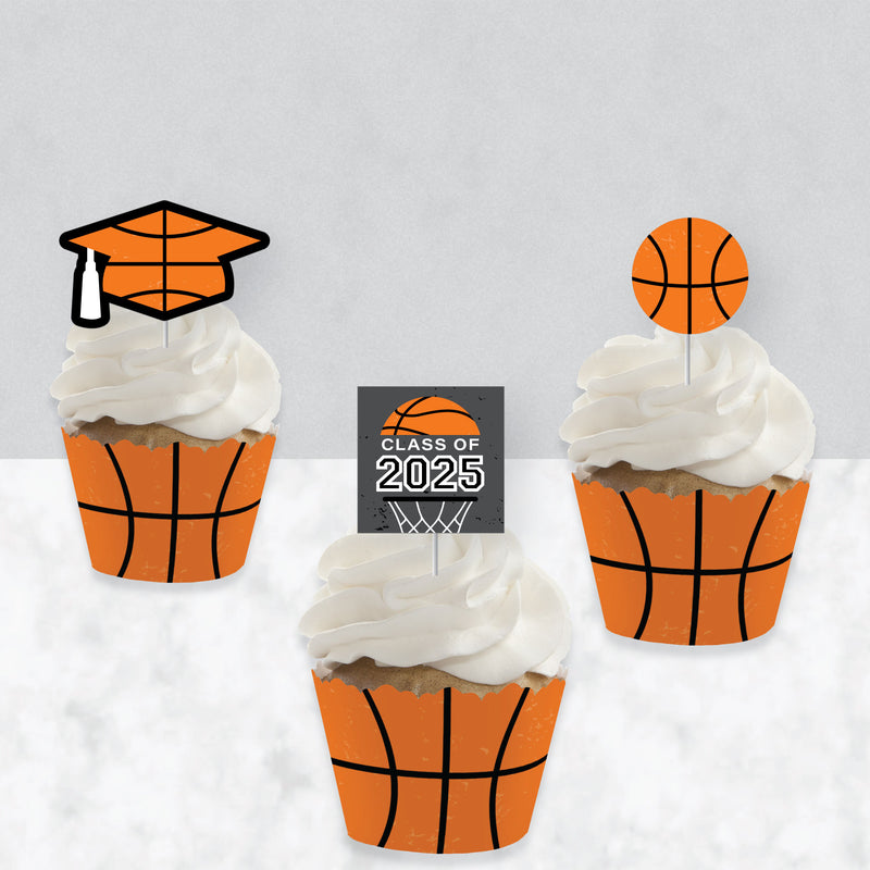 Grad Basketball - Cupcake Decoration - 2025 Graduation Party Cupcake Wrappers and Treat Picks Kit - Set of 24