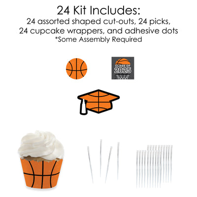 Grad Basketball - Cupcake Decoration - 2025 Graduation Party Cupcake Wrappers and Treat Picks Kit - Set of 24