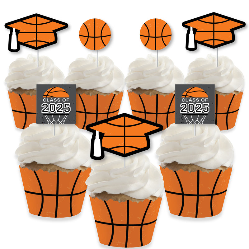 Grad Basketball - Cupcake Decoration - 2025 Graduation Party Cupcake Wrappers and Treat Picks Kit - Set of 24