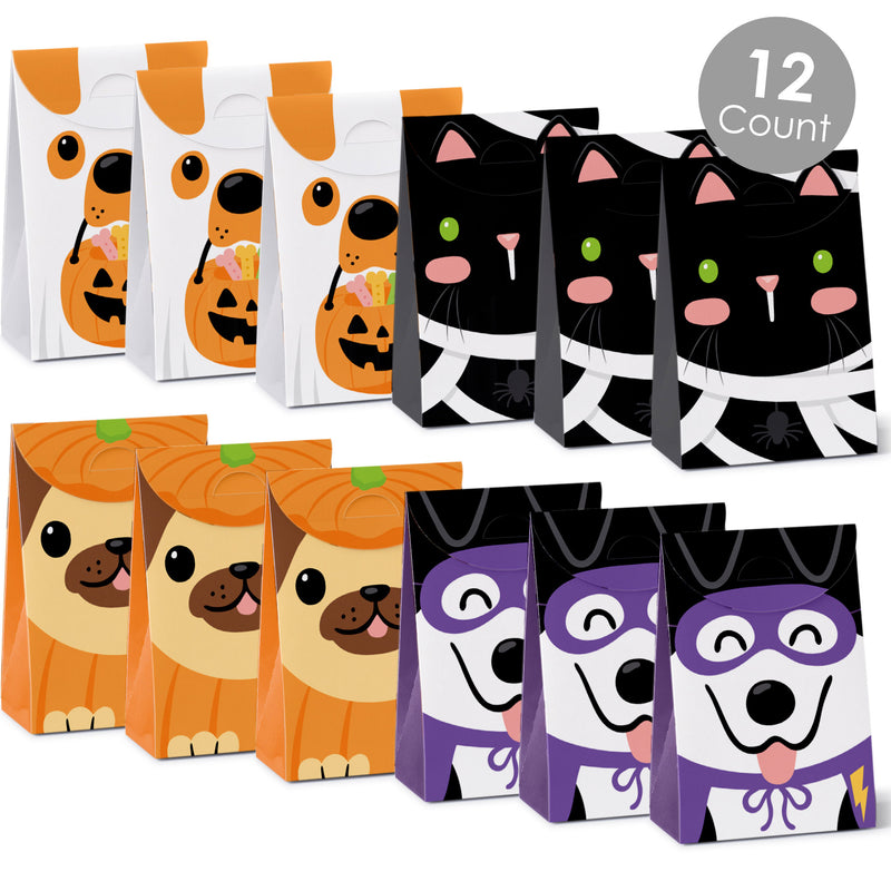 Halloween Pets - Assorted Cats and Dogs Gift Favor Classroom Treat Bags - Birthday Party Goodie Boxes - Set of 12