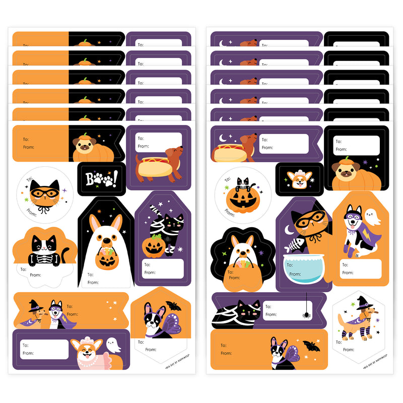 Halloween Pets - Assorted Cats and Dogs Party Gift Tag Labels - To and From Treat Stickers - 12 Sheets - 120 Stickers