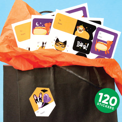 Halloween Pets - Assorted Cats and Dogs Party Gift Tag Labels - To and From Treat Stickers - 12 Sheets - 120 Stickers