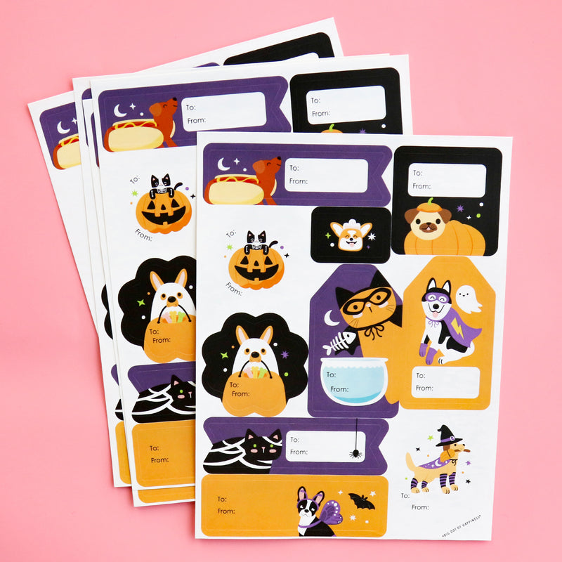 Halloween Pets - Assorted Cats and Dogs Party Gift Tag Labels - To and From Treat Stickers - 12 Sheets - 120 Stickers