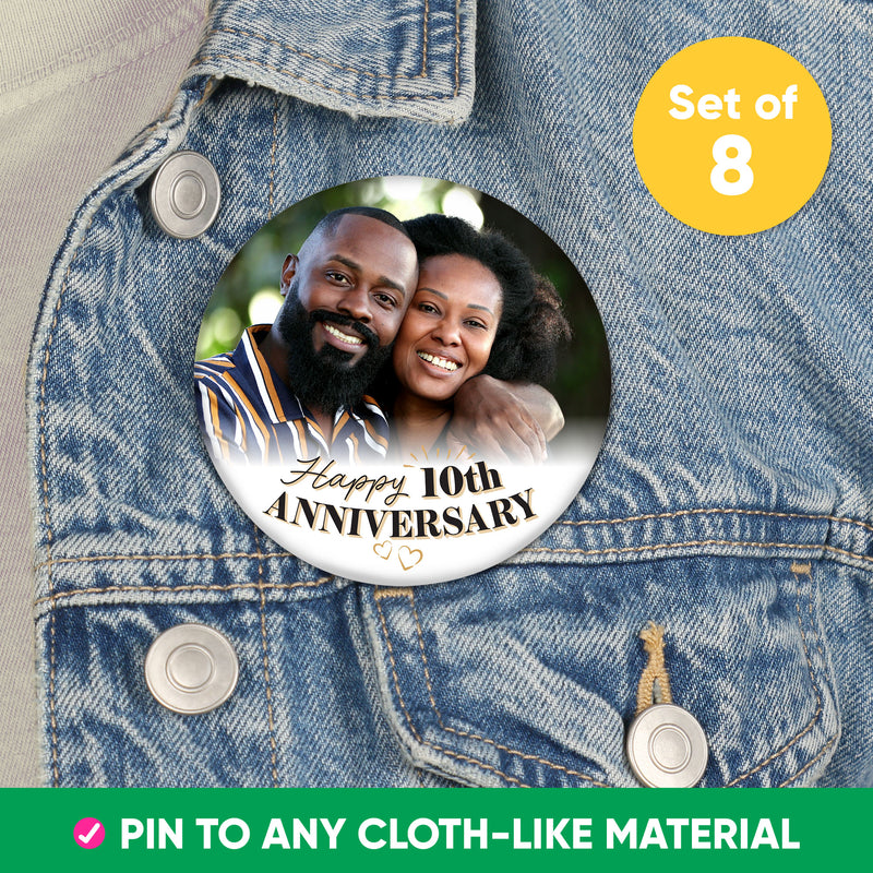 Custom Photo Wedding Anniversary Pinback Buttons - 8 Ct